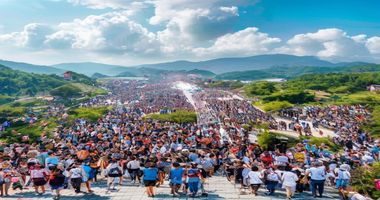 五一景区人山人海的壮观景象，游客排队等候拍照，文明旅游话题引发广泛讨论的真实写照