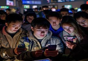 社会热点围观区，网友在手机屏幕前刷新闻热搜，表情专注投入，五一假期追瓜氛围浓厚
